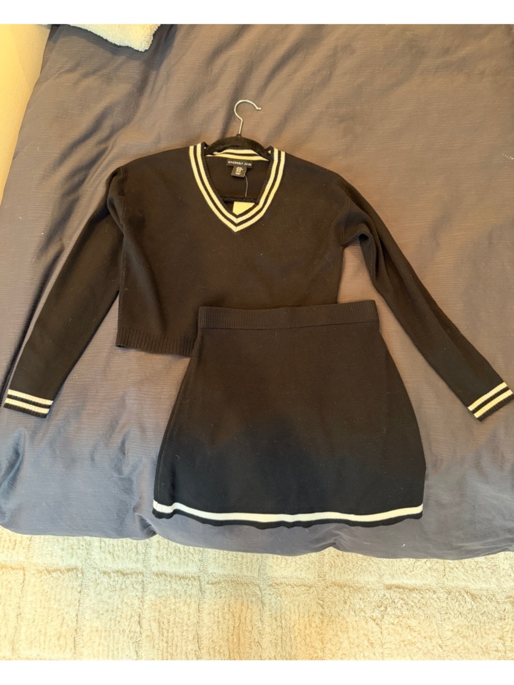 Sincerly Jules Black Knit Two-Piece Skirt Set with Cream Trim